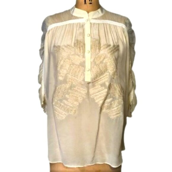 Sachin + Babi 100% silk applique  ivory/cream ruched sleeves tunic top - Picture 2 of 16
